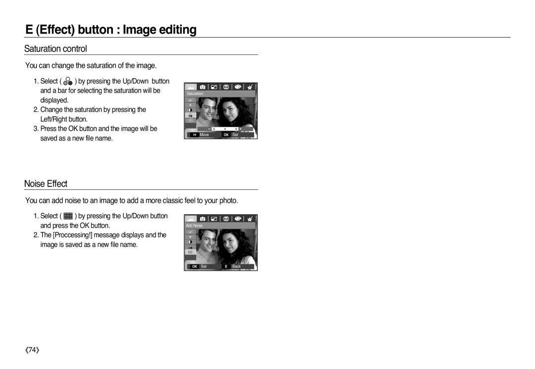 Samsung EC-L83ZZBBA/AU, EC-L83ZZSDA/E3 manual Saturation control, Noise Effect, You can change the saturation of the image 