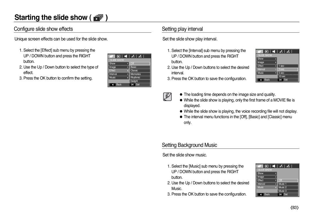 Samsung EC-L83ZZSDD/AS, EC-L83ZZSDA/E3 manual Configure slide show effects Setting play interval, Setting Background Music 