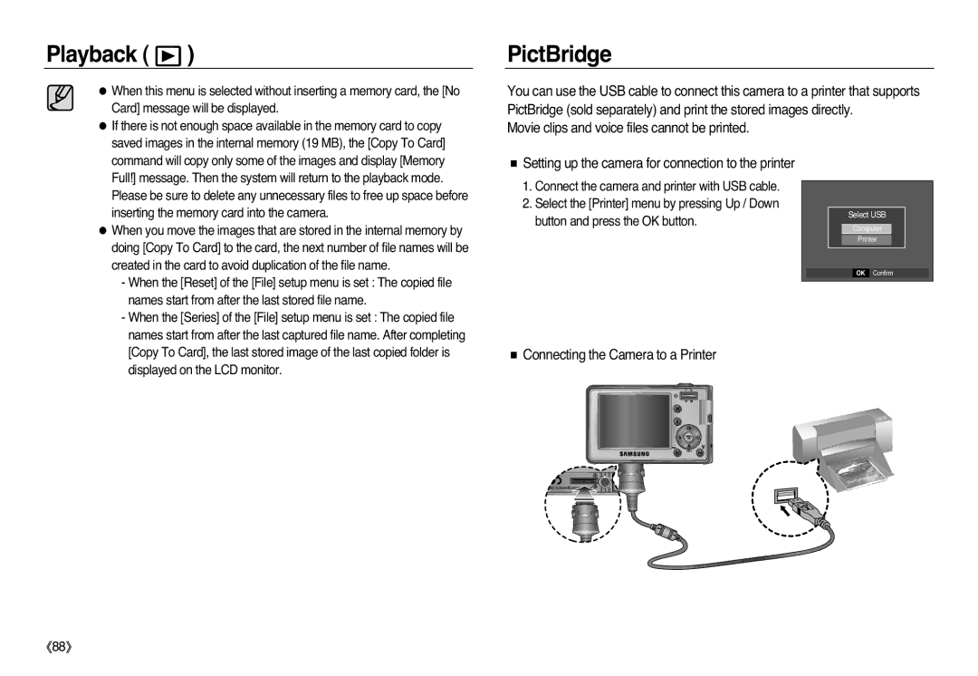 Samsung EC-L83ZZRBA/IN manual PictBridge, Movie clips and voice files cannot be printed, Connecting the Camera to a Printer 