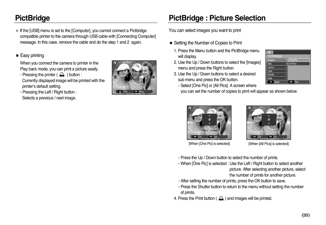 Samsung EC-L83ZZRBA/TR, EC-L83ZZSDA/E3, EC-L83ZZSBA/E2 manual PictBridge Picture Selection, Sub menu and press the OK button 