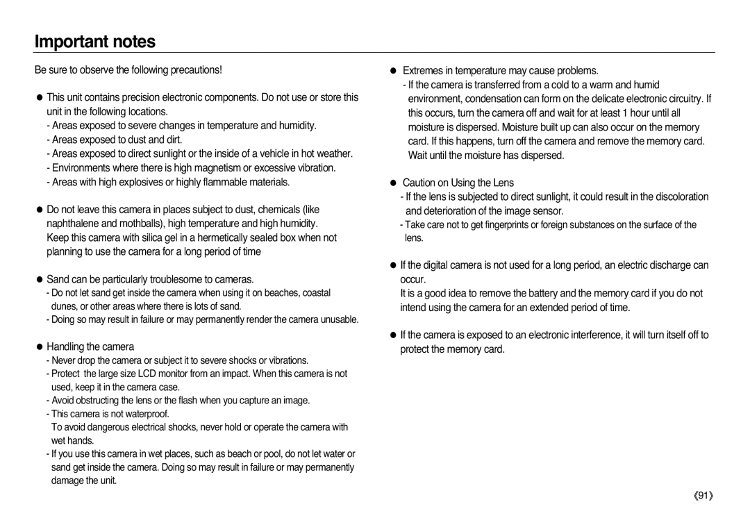 Samsung EC-L83ZZRBC/E2, EC-L83ZZSAA Important notes, Sand can be particularly troublesome to cameras, Handling the camera 