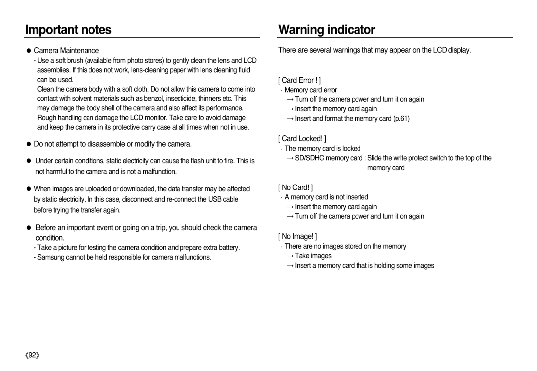 Samsung EC-L83ZZRDA/AS manual Camera Maintenance, Do not attempt to disassemble or modify the camera, Card Locked, No Card 