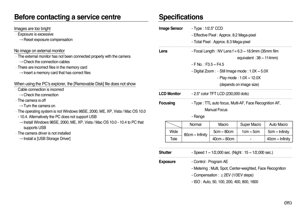 Samsung EC-L83ZZRDC/AS, EC-L83ZZSDA/E3, EC-L83ZZSBA/E2 Specifications, Images are too bright, No image on external monitor 