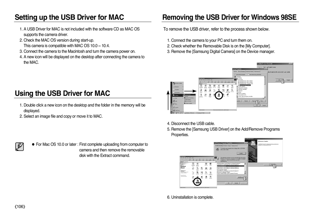 Samsung EC-L83ZZRBA/SP, EC-L83ZZSDA/E3, EC-L83ZZSAA Setting up the USB Driver for MAC, Using the USB Driver for MAC, 《106》 