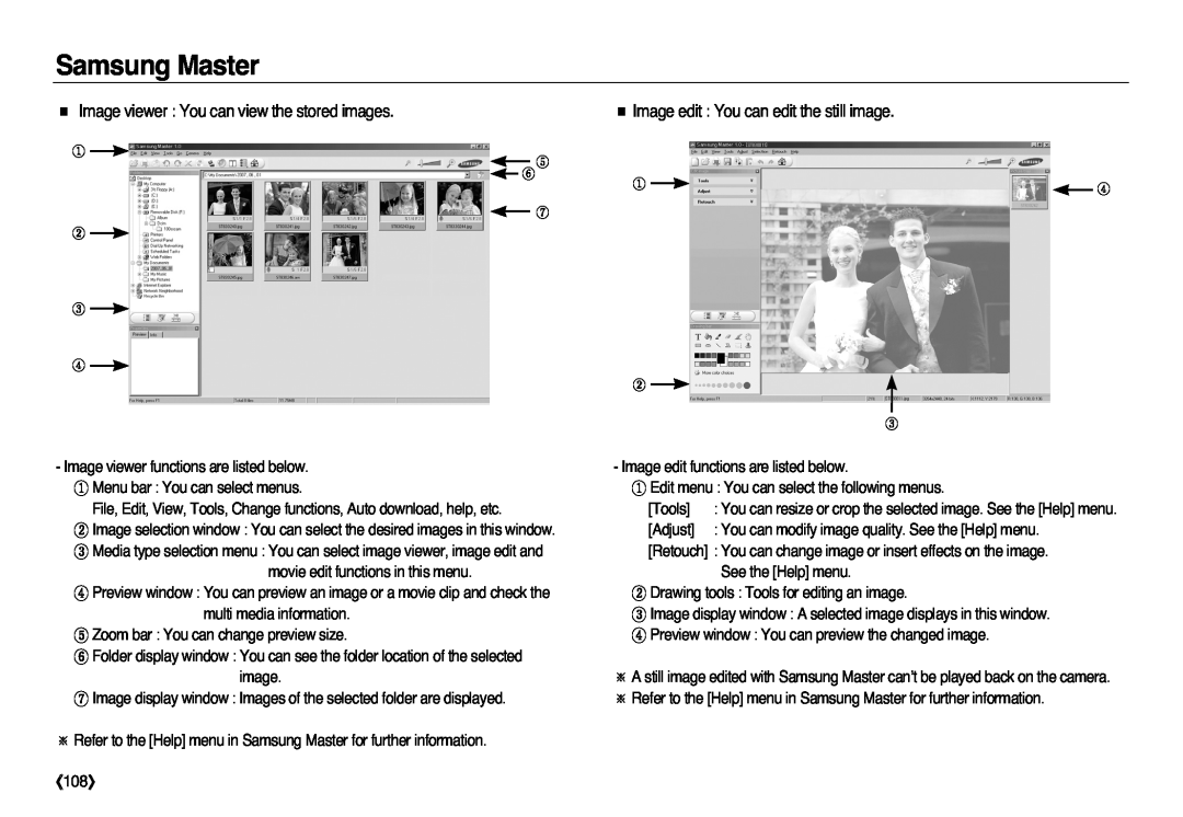 Samsung EC-L83ZZSBA/MX manual Image viewer You can view the stored images, 《108》, Image edit You can edit the still image 