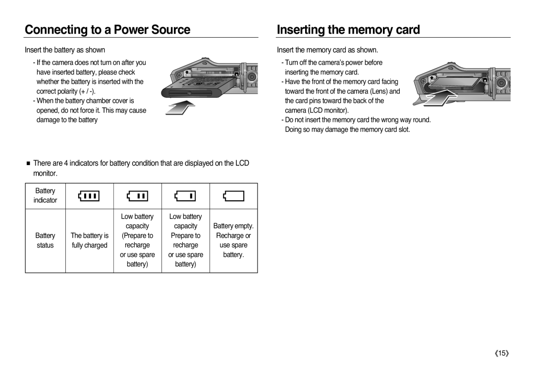 Samsung EC-L83ZZSDA/E1 manual Inserting the memory card, Insert the battery as shown, Insert the memory card as shown, 《15》 