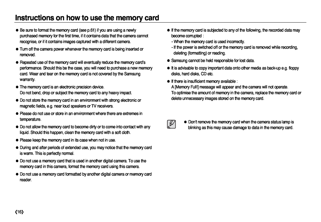 Samsung EC-L83ZZSBA/GB, EC-L83ZZSDA/E3, EC-L83ZZSBA/E2, EC-L83ZZRDA/E2 manual Instructions on how to use the memory card, 《16》 