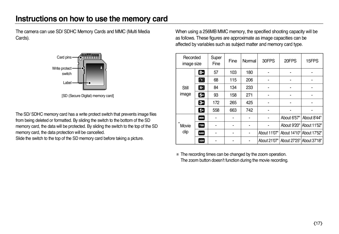 Samsung EC-L83ZZBBC/E1 manual The camera can use SD/ SDHC Memory Cards and MMC Multi Media Cards, Fine Normal 30FPS, 《17》 