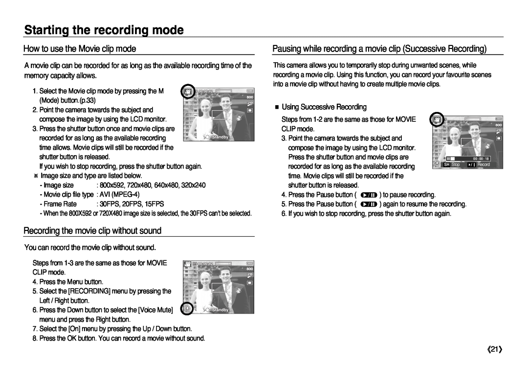 Samsung EC-L83ZZBBA/AS How to use the Movie clip mode, Recording the movie clip without sound, Using Successive Recording 