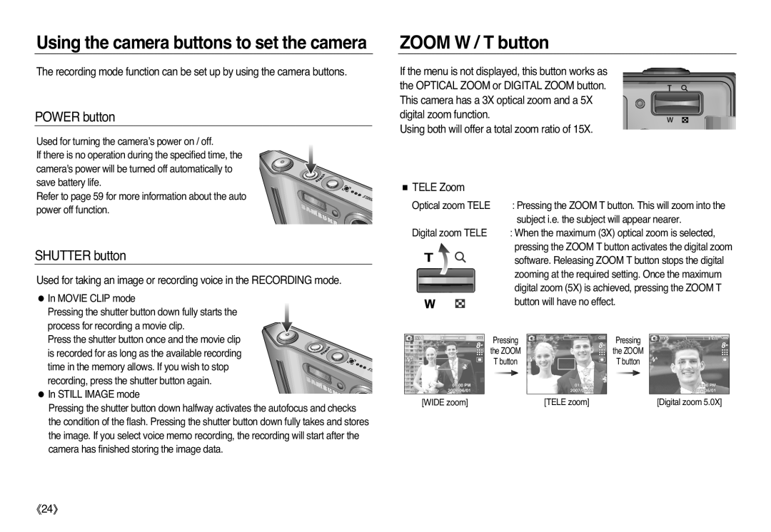 Samsung EC-L83ZZBDA/DE Using the camera buttons to set the camera, ZOOM W / T button, POWER button, SHUTTER button, 《24》 