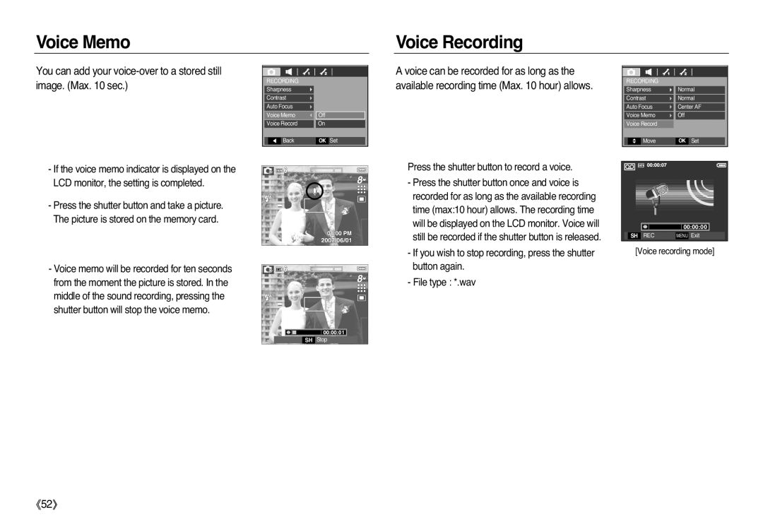 Samsung EC-L83ZZBDD/E1 Voice Memo, Voice Recording, You can add your voice-over to a stored still image. Max. 10 sec, 《52》 