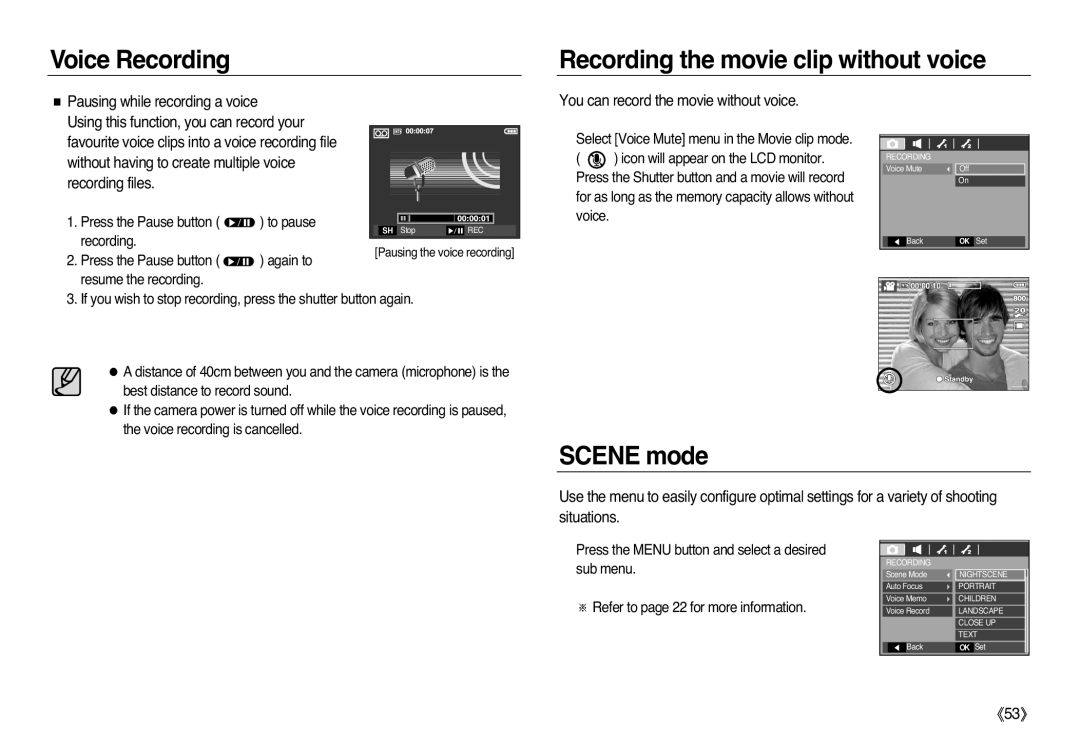 Samsung EC-L83ZZRBA/TW manual Recording the movie clip without voice, SCENE mode, Pausing while recording a voice, 《53》 