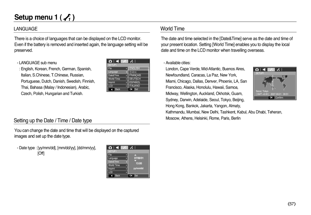 Samsung EC-L83ZZSBA/TW, EC-L83ZZSDA/E3 manual World Time, Setting up the Date / Time / Date type, Language, Setup menu 