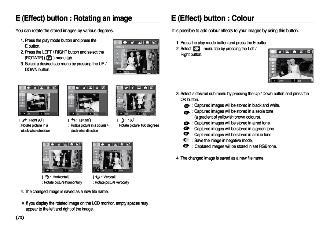 Samsung EC-L83ZZSBB/AS manual E Effect button Rotating an image, You can rotate the stored images by various degrees, 《70》 