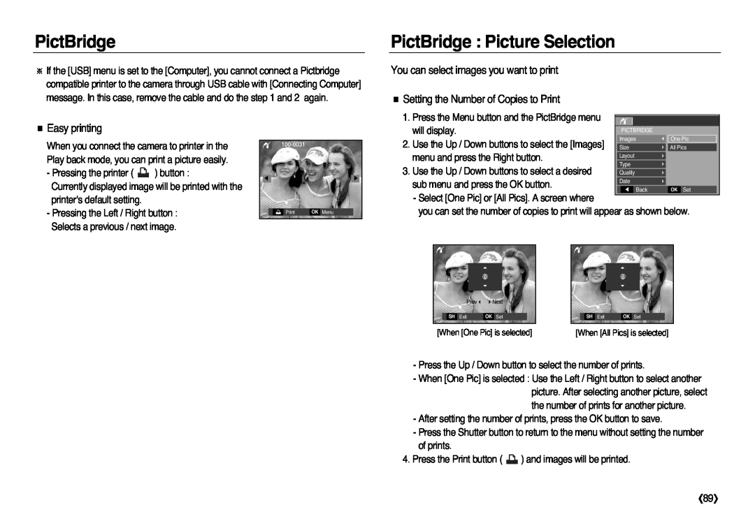 Samsung EC-L83ZZRBA/TR manual PictBridge Picture Selection, You can select images you want to print, Easy printing, 《89》 