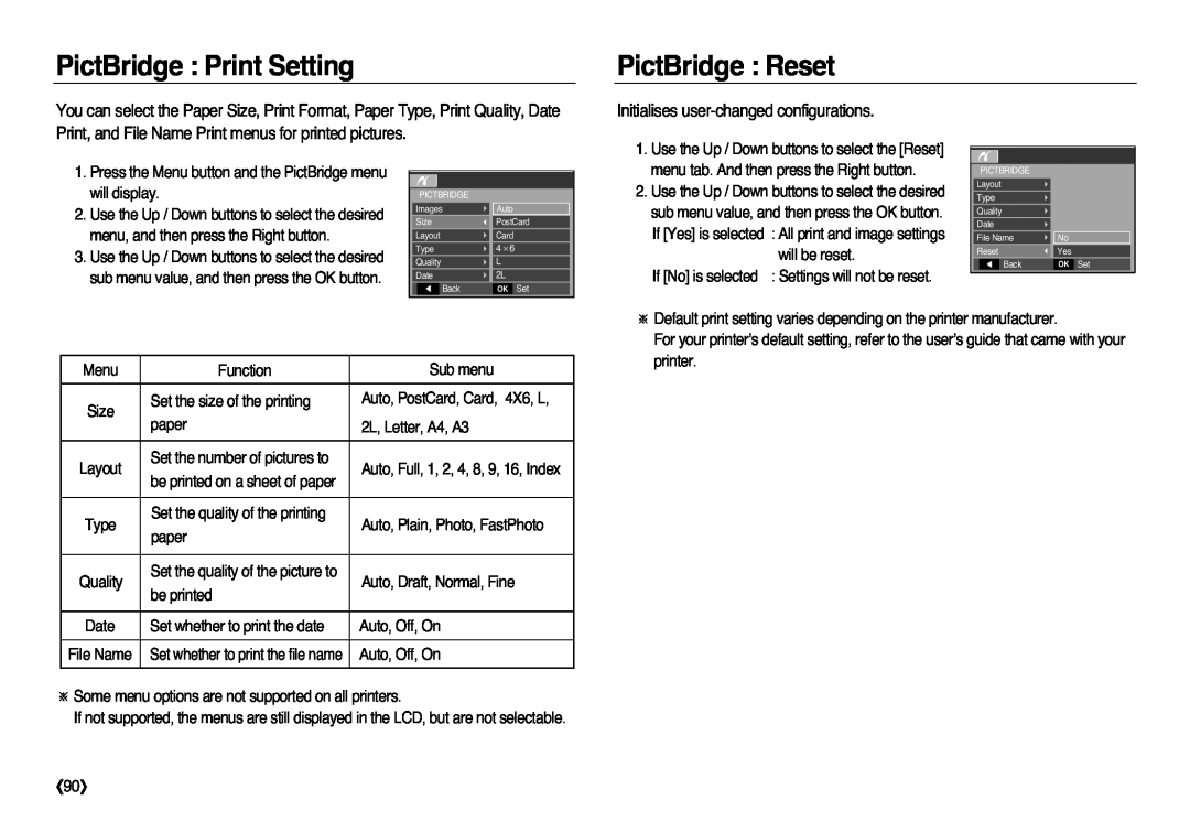Samsung EC-L83ZZRBB/AS manual PictBridge Print Setting, PictBridge Reset, Initialises user-changed configurations, 《90》 