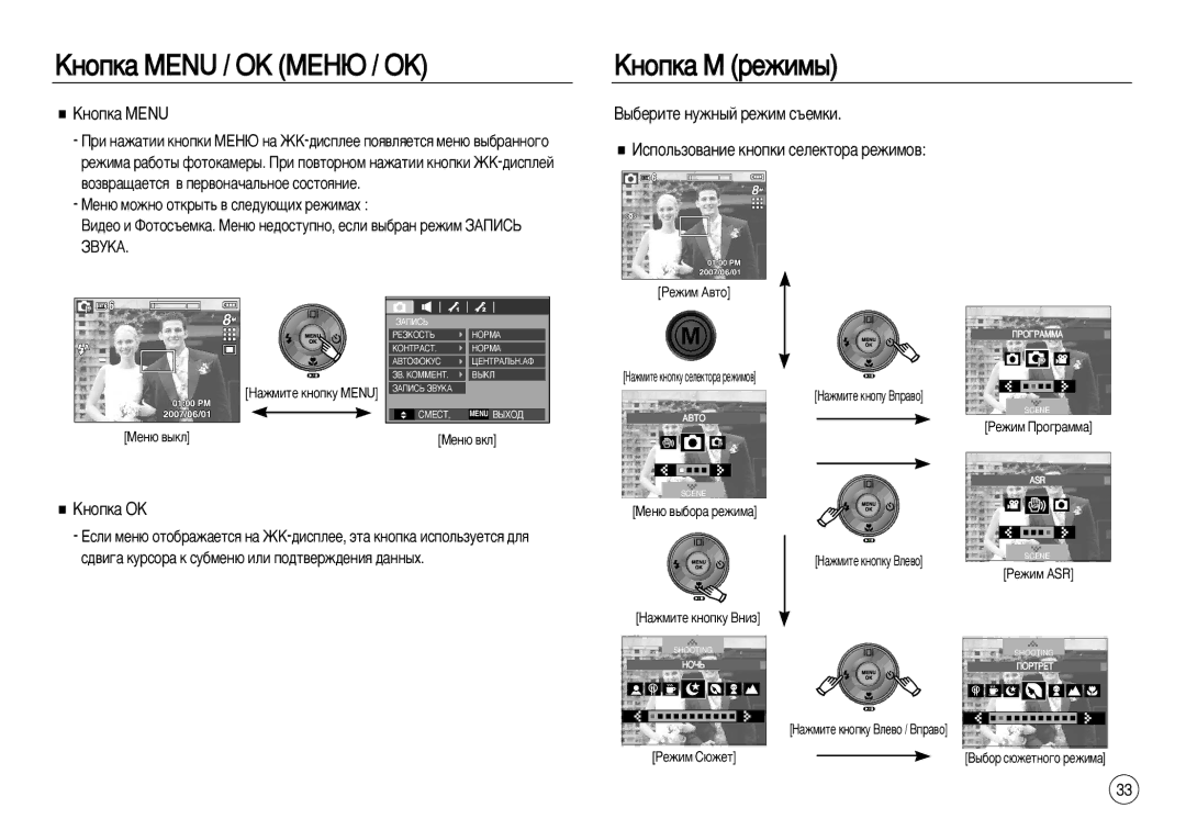 Samsung EC-L83ZZRBB/TR manual ÄÌÓÔÍ‡ Menu / OK åÖçû / éä ÄÌÓÔÍ‡ å ÂÊËÏ˚, ÀÒÔÓÎ¸ÁÓ‚‡ÌËÂ Íìóôíë ÒÂÎÂÍÚÓ‡ ÂÊËÏÓ‚, Äìóôí‡ Ok 