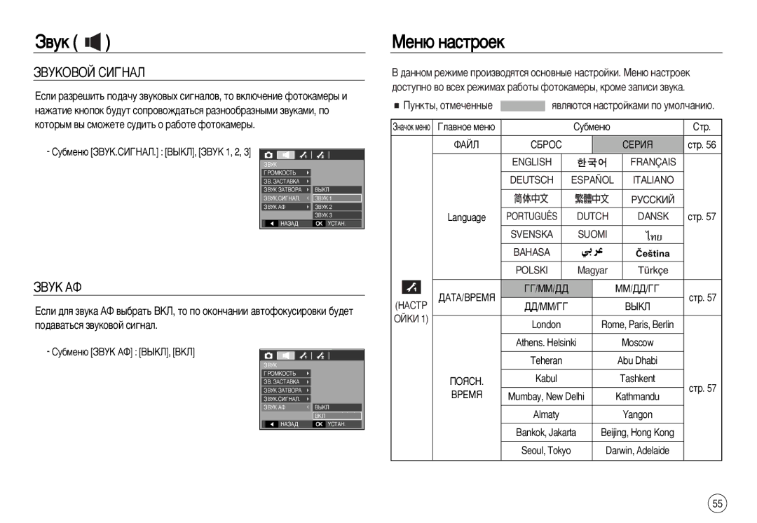 Samsung EC-L83ZZSBA/E1 manual Åâì˛ Ì‡Òúóâí, ÁÇìäéÇéâ ëàÉçÄã, ÁÇìä Äî, ÈÛÌÍÚ˚, ÓÚÏÂ˜ÂÌÌ˚Â ﬂ‚Îﬂ˛ÚÒﬂ Ì‡ÒÚÓÈÍ‡ÏË ÔÓ ÛÏÓÎ˜‡ÌË˛ 