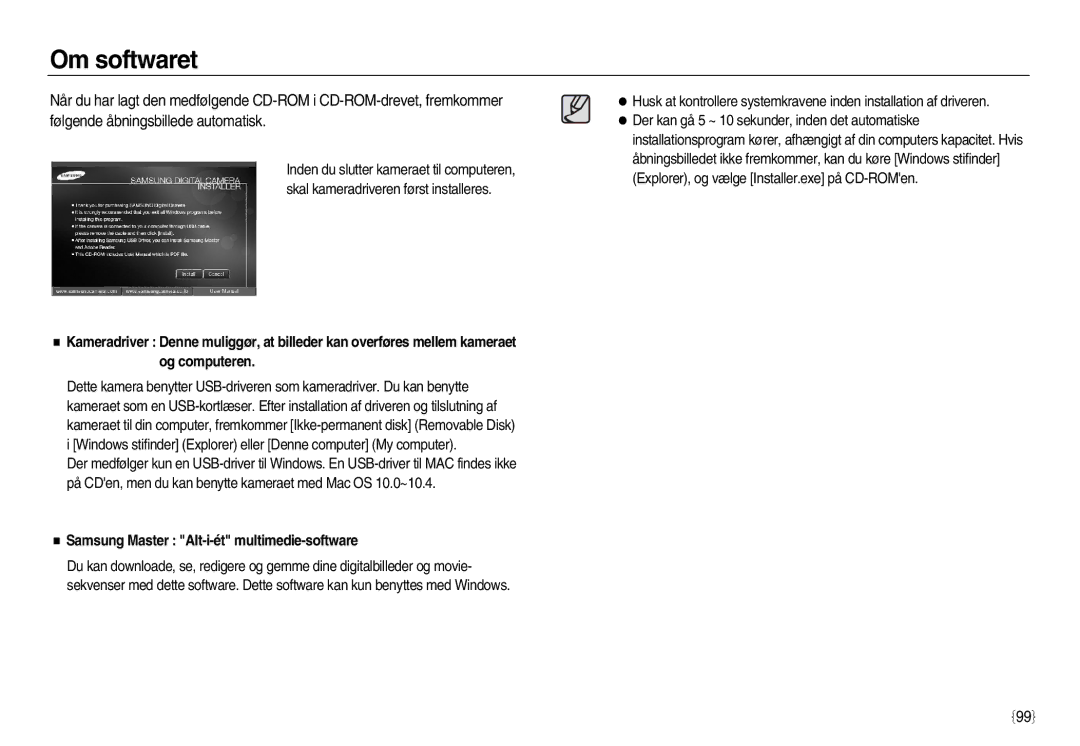 Samsung EC-L83ZZSDA/E3, EC-L83ZZSBA/E2, EC-L83ZZRDA/E2 manual Om softwaret, Samsung Master Alt-i-ét multimedie-software 