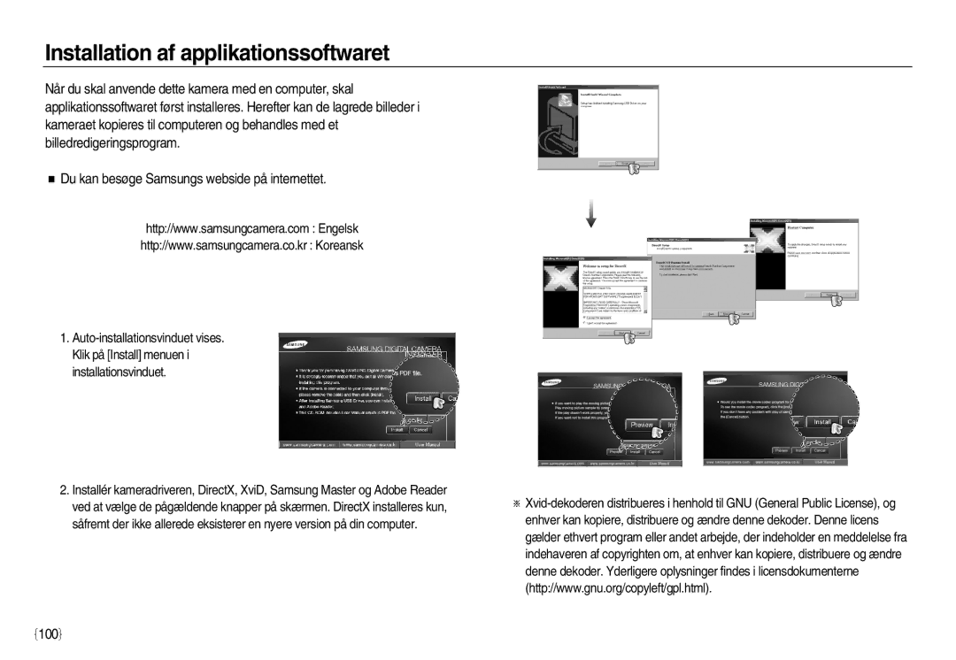 Samsung EC-L83ZZSBA/E2, EC-L83ZZSDA/E3, EC-L83ZZRDA/E2, EC-L83ZZSDA/E2 manual Installation af applikationssoftwaret, 100 