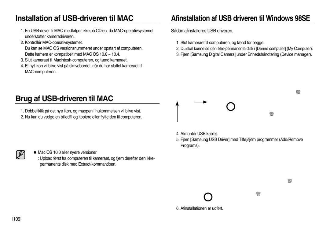 Samsung EC-L83ZZBBA/E2, EC-L83ZZSDA/E3 manual Installation af USB-driveren til MAC, Brug af USB-driveren til MAC, 106 