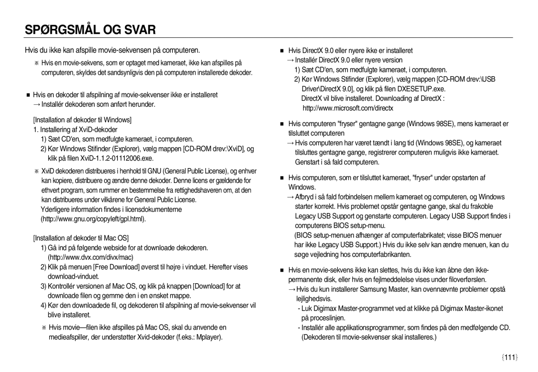 Samsung EC-L83ZZRDA/E2, EC-L83ZZSDA/E3, EC-L83ZZSBA/E2 manual Hvis du ikke kan afspille movie-sekvensen på computeren, 111 