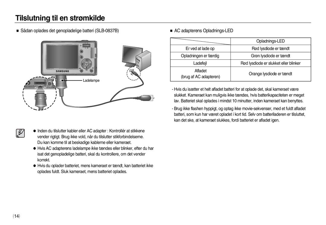 Samsung EC-L83ZZBDA/E3, EC-L83ZZSDA/E3 Sådan oplades det genopladelige batteri SLB-0837B, AC adapterens Opladnings-LED 