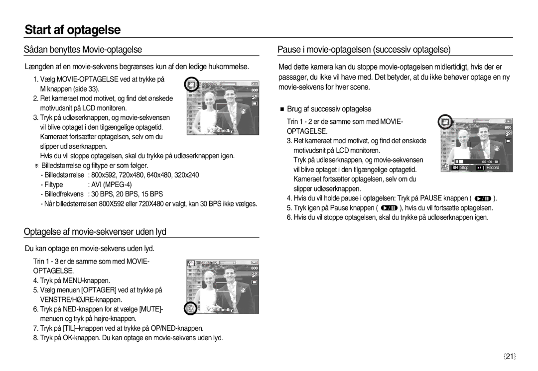 Samsung EC-L83ZZRDA/E2, EC-L83ZZSDA/E3 manual Sådan benyttes Movie-optagelse, Optagelse af movie-sekvenser uden lyd 