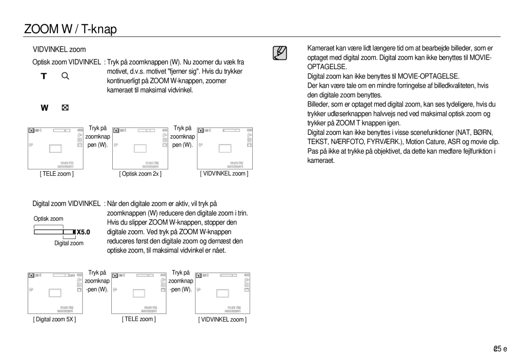 Samsung EC-L83ZZBDA/E2, EC-L83ZZSDA/E3, EC-L83ZZSBA/E2, EC-L83ZZRDA/E2, EC-L83ZZSDA/E2 manual Vidvinkel zoom, Optagelse 