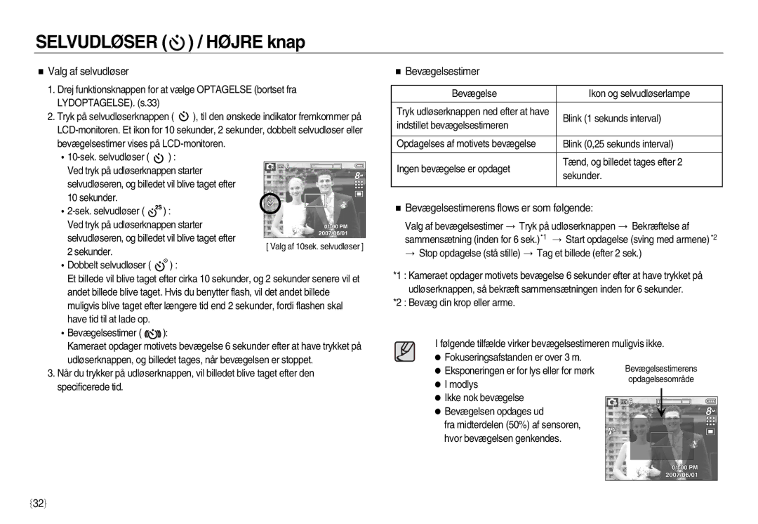 Samsung EC-L83ZZSDA/E2, EC-L83ZZSDA/E3, EC-L83ZZSBA/E2 Valg af selvudløser, Bevægelsestimerens flows er som følgende 