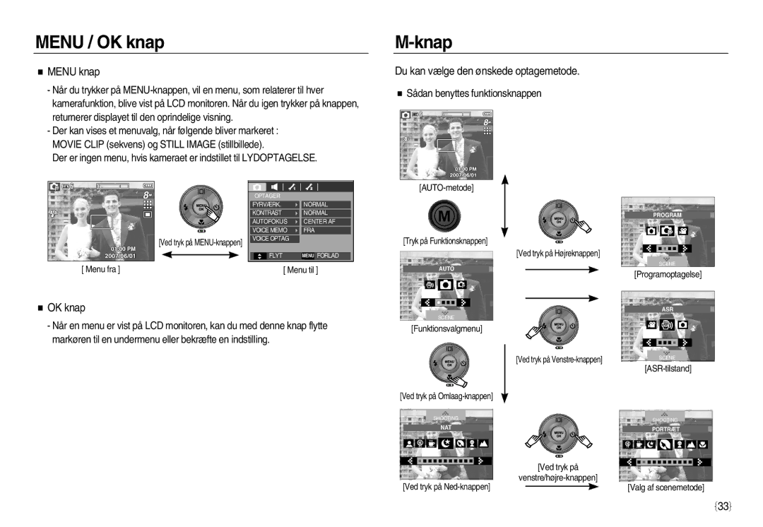 Samsung EC-L83ZZRBA/E2, EC-L83ZZSDA/E3 manual Menu / OK knap, Knap, Menu knap, Du kan vælge den ønskede optagemetode 