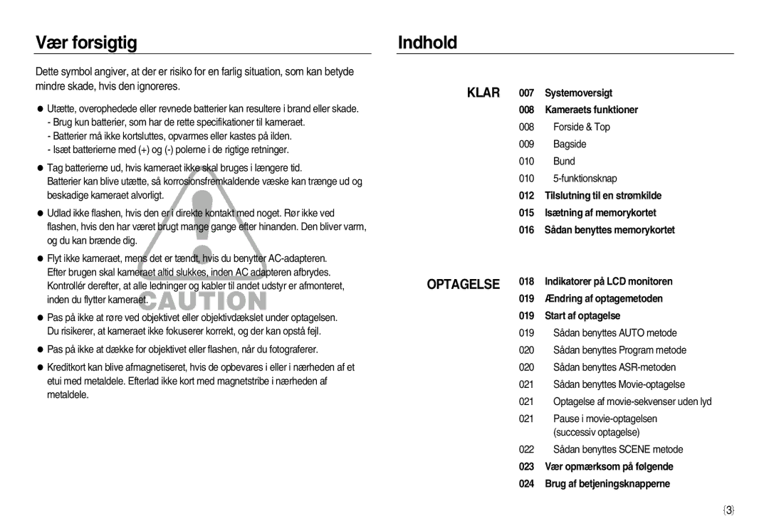 Samsung EC-L83ZZRBA/E2, EC-L83ZZSDA/E3 manual Vær forsigtig, Indhold, Forside & Top Bagside Bund 010 5-funktionsknap 