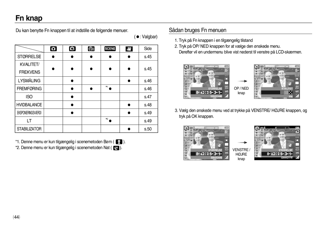 Samsung EC-L83ZZBDA/E3, EC-L83ZZSDA/E3 manual Fn knap, Sådan bruges Fn menuen, Størrelse Kvalitet Frekvens Lysmåling 