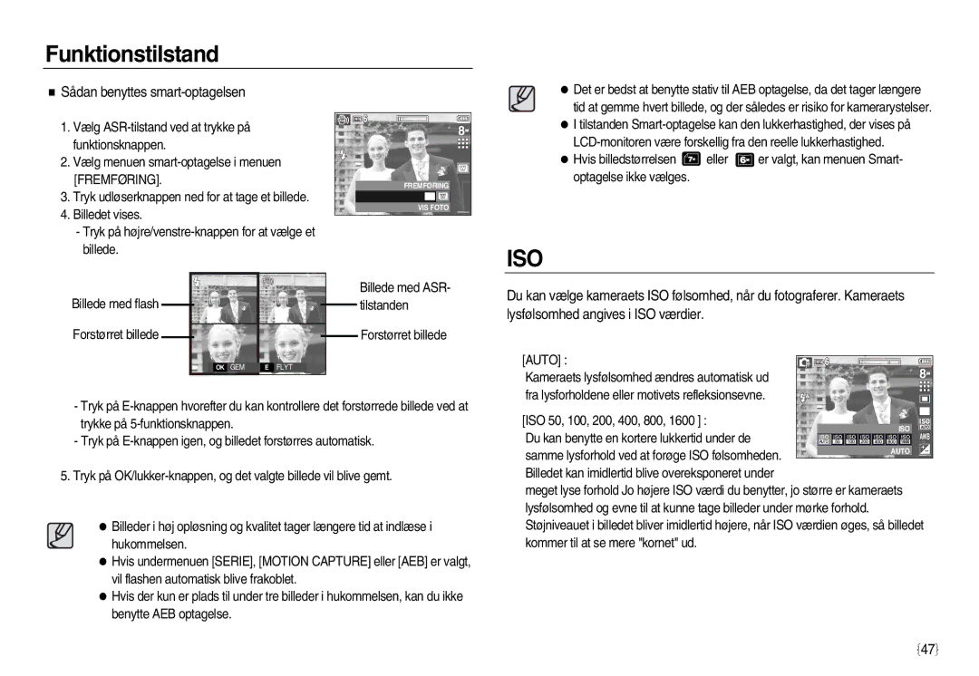 Samsung EC-L83ZZRDC/E2, EC-L83ZZSDA/E3, EC-L83ZZSBA/E2, EC-L83ZZRDA/E2, EC-L83ZZSDA/E2 manual Sådan benyttes smart-optagelsen 