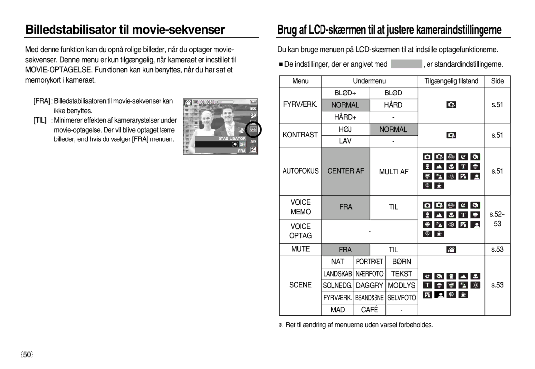 Samsung EC-L83ZZSBA/E2, EC-L83ZZSDA/E3, EC-L83ZZRDA/E2, EC-L83ZZSDA/E2, EC-L83ZZRBA/E2 Billedstabilisator til movie-sekvenser 