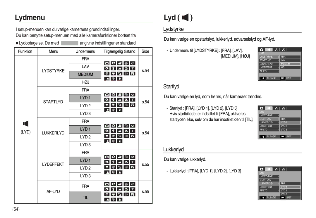 Samsung EC-L83ZZBDA/E3, EC-L83ZZSDA/E3, EC-L83ZZSBA/E2, EC-L83ZZRDA/E2 manual Lydmenu, Lydstyrke, Startlyd, Lukkerlyd 