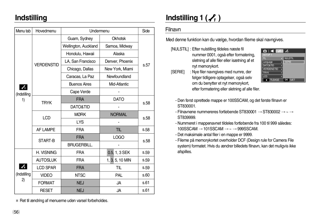 Samsung EC-L83ZZBBA/E2, EC-L83ZZSDA/E3 manual Filnavn, Autosluk FRA, LCD Spar FRA TIL, Video Ntsc PAL Format NEJ Reset 