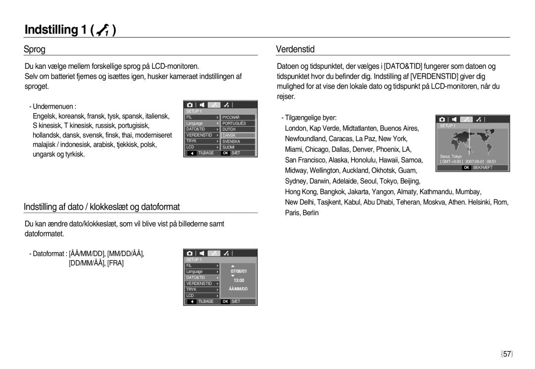 Samsung EC-L83ZZRDC/E2, EC-L83ZZSDA/E3, EC-L83ZZSBA/E2 Sprog, Verdenstid, Indstilling af dato / klokkeslæt og datoformat 