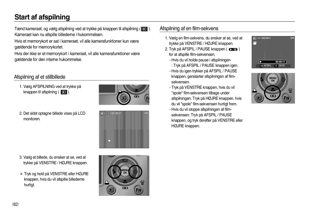 Samsung EC-L83ZZSDA/E2, EC-L83ZZSDA/E3 Start af afspilning, Afspilning af en film-sekvens, Afspilning af et stillbillede 