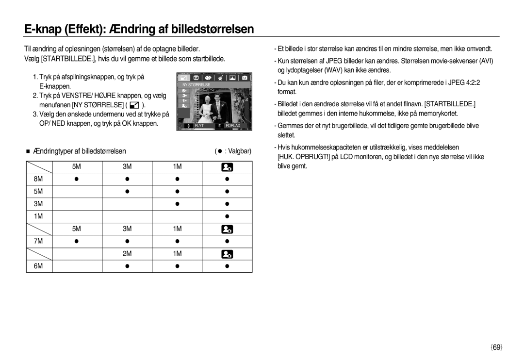 Samsung EC-L83ZZSDA/E3, EC-L83ZZSBA/E2 manual Knap Effekt Ændring af billedstørrelsen, Ændringtyper af billedstørrelsen 