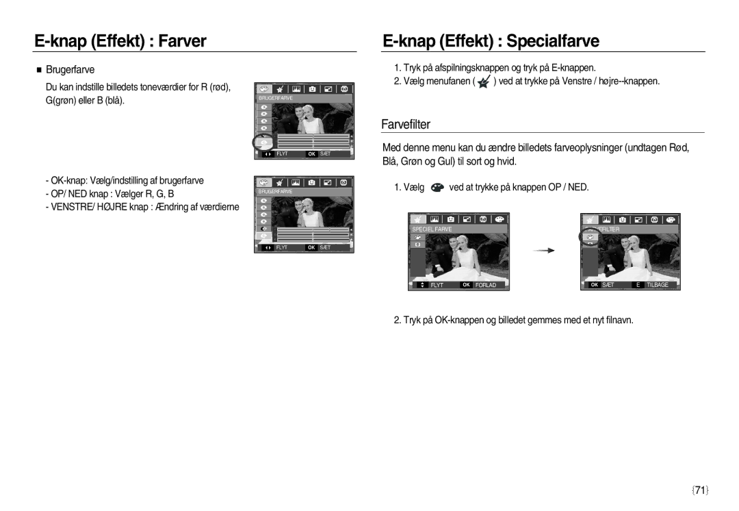 Samsung EC-L83ZZRDA/E2, EC-L83ZZSDA/E3 manual Knap Effekt Farver Knap Effekt Specialfarve, Farvefilter, Brugerfarve 