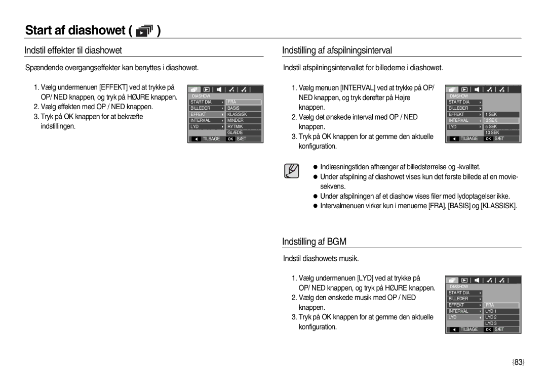 Samsung EC-L83ZZRBA/E2 manual Indstil effekter til diashowet, Indstilling af afspilningsinterval, Indstilling af BGM 