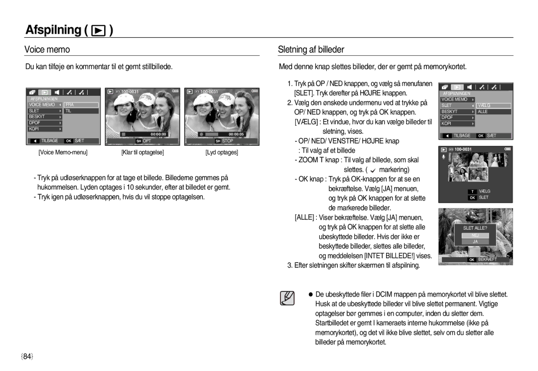 Samsung EC-L83ZZBDA/E3 Afspilning, Voice memo, Sletning af billeder, Du kan tilføje en kommentar til et gemt stillbillede 