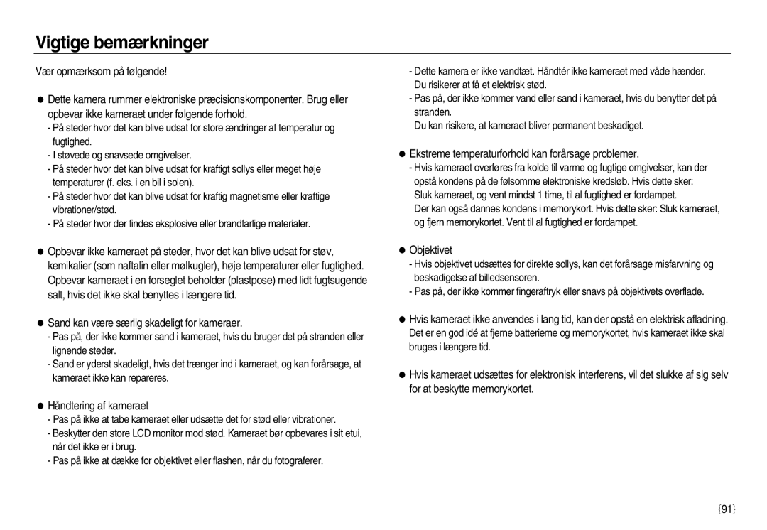 Samsung EC-L83ZZRDA/E2 manual Vigtige bemærkninger, Sand kan være særlig skadeligt for kameraer, Håndtering af kameraet 