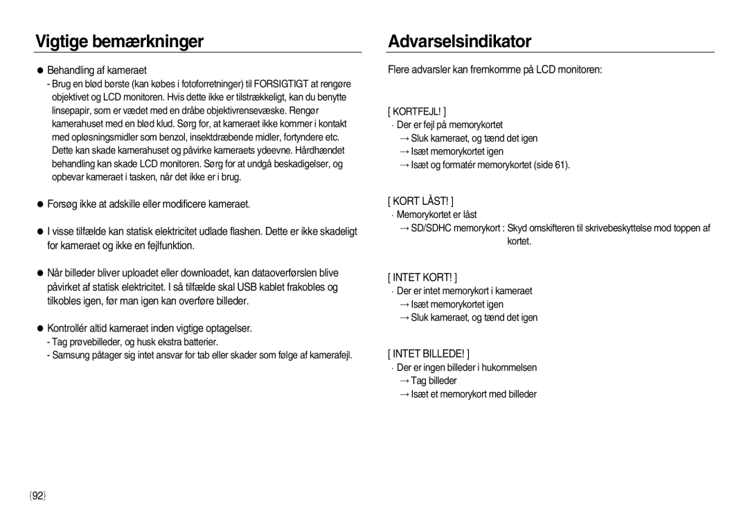 Samsung EC-L83ZZSDA/E2 manual Behandling af kameraet, Kontrollér altid kameraet inden vigtige optagelser, Kortfejl 