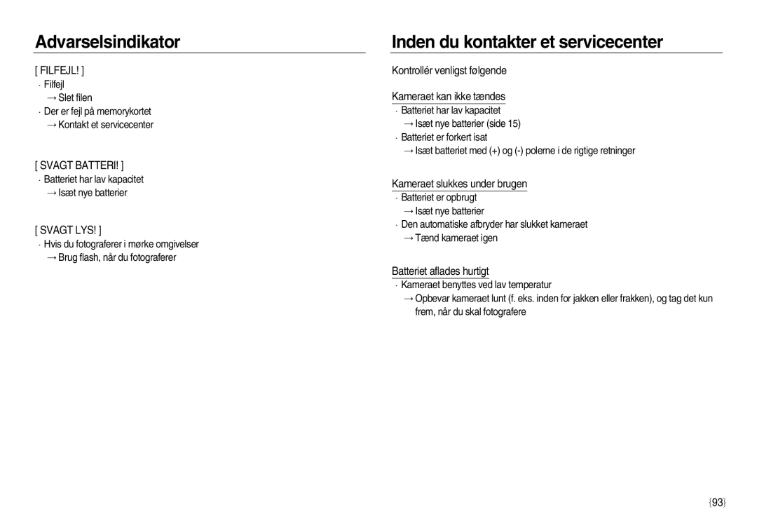 Samsung EC-L83ZZRBA/E2 manual Inden du kontakter et servicecenter, Kontrollér venligst følgende Kameraet kan ikke tændes 