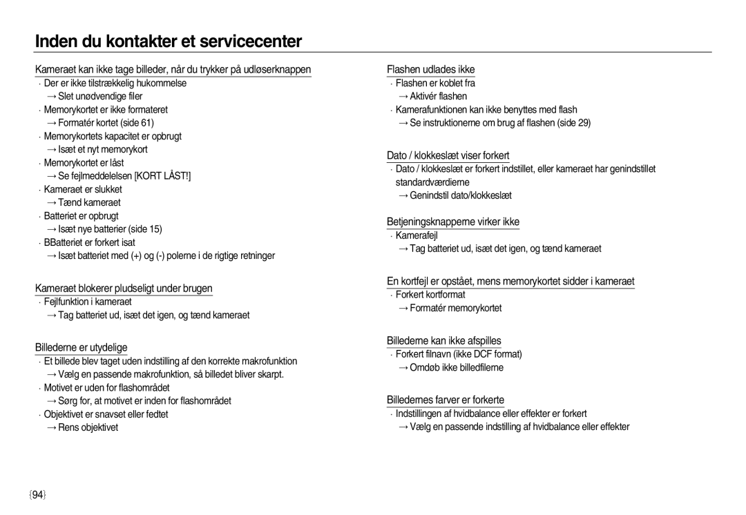 Samsung EC-L83ZZBDA/E3 manual Kameraet blokerer pludseligt under brugen, Billederne er utydelige, Flashen udlades ikke 