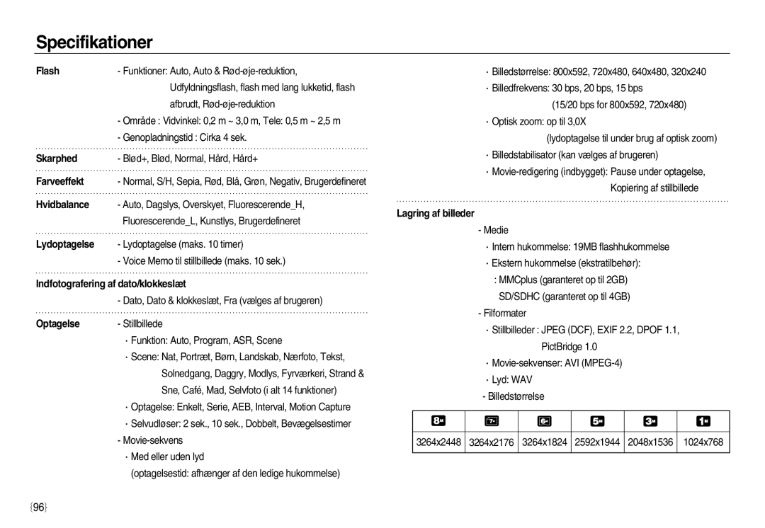 Samsung EC-L83ZZBBA/E2 manual Funktioner Auto, Auto & Rød-øje-reduktion, Udfyldningsflash, flash med lang lukketid, flash 