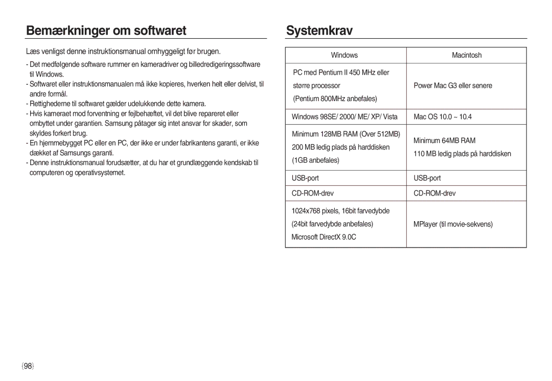 Samsung EC-L83ZZRBC/E2, EC-L83ZZSDA/E3, EC-L83ZZSBA/E2, EC-L83ZZRDA/E2, EC-L83ZZSDA/E2 Bemærkninger om softwaret, Systemkrav 