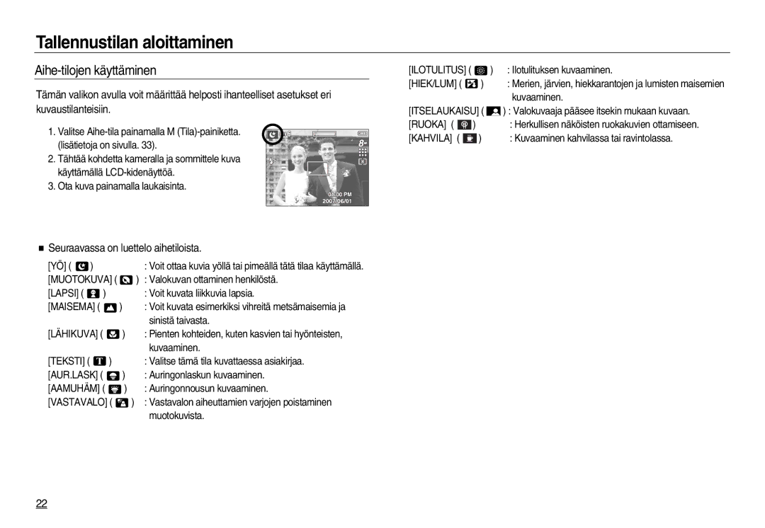 Samsung EC-L83ZZSDA/E2 manual Aihe-tilojen käyttäminen, Seuraavassa on luettelo aihetiloista, Muotokuva, Vastavalo 